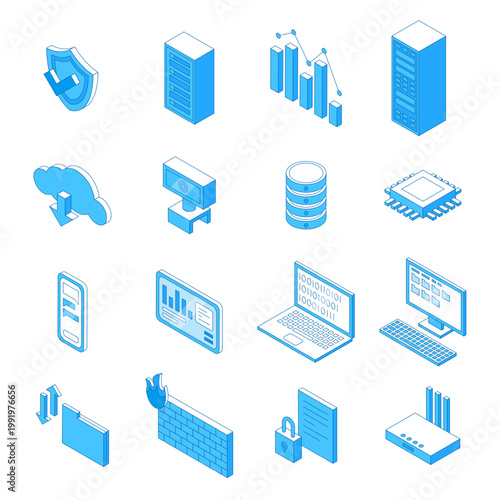 Isometric line data center elements. Cloud technologies, it science 3d icons. Modern computing systems, servers, smartphone and computers, nifty fector set