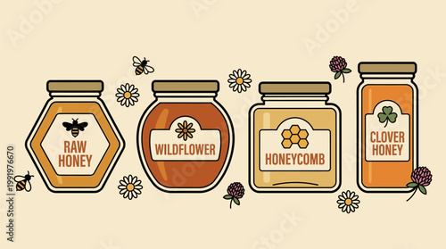 Assorted organic honey varieties in glass jars for artisanal food branding and healthy lifestyle marketing