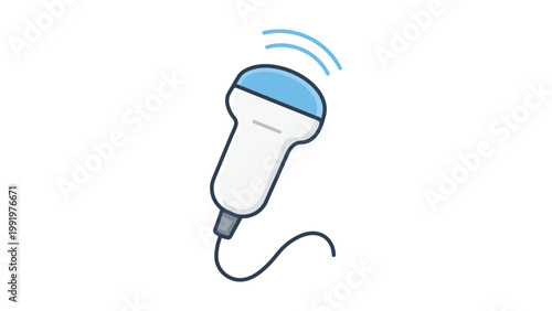 Ultrasound Probe Transducer with Waves, Modern Flat Vector Icon Illustration on White Background for Medical Diagnostics and Healthcare, Featuring Editable Stroke for Customizable Line Weight.