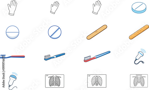 Medical Healthcare Vector Icon Set of 16 Minimalist Line Icons: Surgical Glove, X-ray, Ultrasound, Toothbrush, Pills, and Tongue Depressor. Professional Bundle with Editable Stroke for Design.