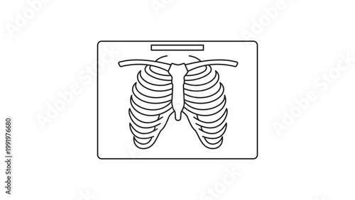 Minimalist Chest X-ray Film Vector Icon with Editable Stroke. Clean black line illustration of a human rib cage on a rectangular film, perfect for medical, healthcare, and science designs.