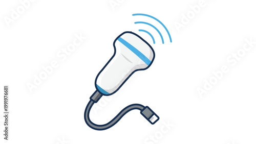 Ultrasound Probe Medical Device Vector Icon Illustration with Editable Stroke. Modern Flat Design of Handheld Sonography Scanner with Sound Waves and Cable for Healthcare and Diagnostic Imaging.