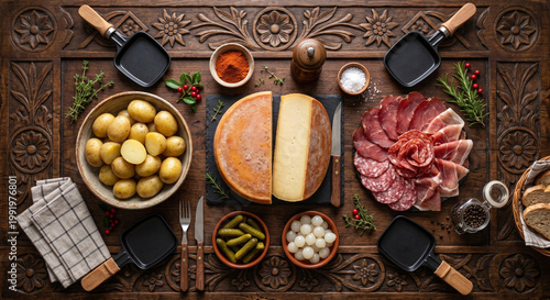 Hyper-realistic top down view of Raclette ingredients on Alpine carved wood