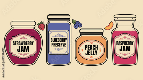 Assorted fruit preserves and artisanal jams in glass jars for pantry storage and gourmet food branding