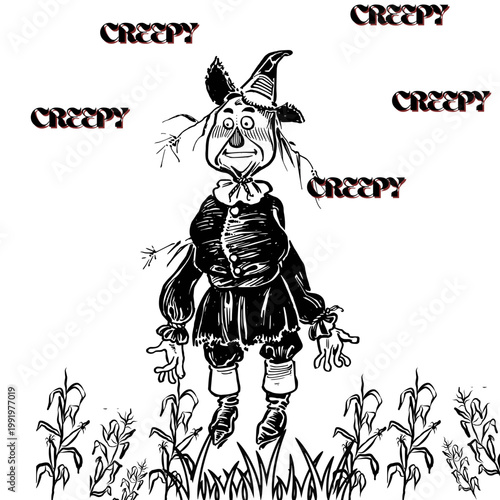 A creepy scarecrow illustration in a field with a witch hat