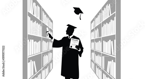 Graduation, education, student, library, books, silhouette, icon, vector