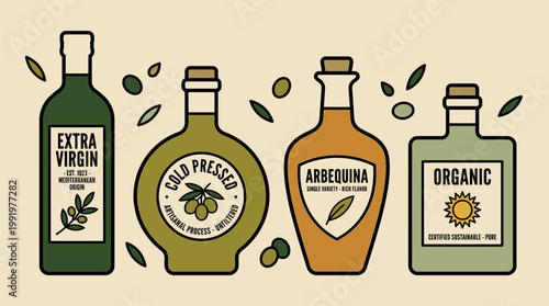 Assorted premium olive oil bottles for culinary branding and Mediterranean diet promotion