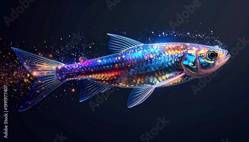 A vibrant, bioluminescent aquatic creature swims against a dark backdrop. Glittering particles emanate from its body