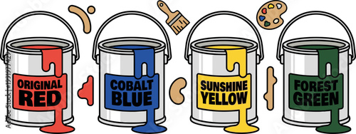 Assorted paint cans and artistic tools for home renovation and creative interior design projects