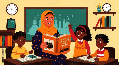 A smiling Muslim teacher in a hijab reads to a diverse group of young students in a classroom setting, with one student raising their hand to answer