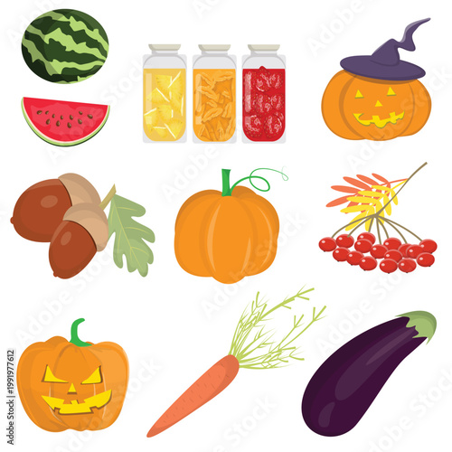 Fresh Fruits and Vegetables Collection with Autumn Pumpkin and Healthy Food Illustration