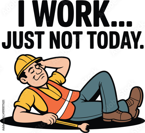 Cartoon construction worker relaxing and lying down with a wrench, funny lazy labor concept