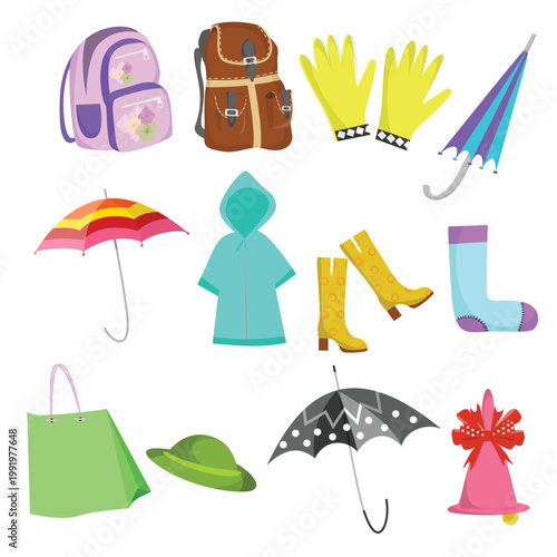 set vector Colorful Fashion Accessories Set with Umbrella Backpack Boots and Rainy Season Items