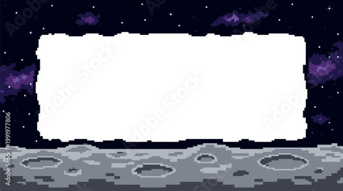 Pixel art lunar landscape background with copy space for gaming interface and digital storytelling applications