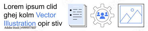 Workflow optimization, teamwork management, business processes, documentation, project planning, task delegation. Document, gear and group illustrations. Workflow optimization and teamwork