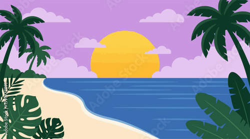 Vibrant Tropical Beach Sunset with Palm Trees, Ocean, and Sandy Shore