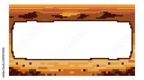Pixel art text box frame with desert landscape background for video game interface design and storytelling dialogue