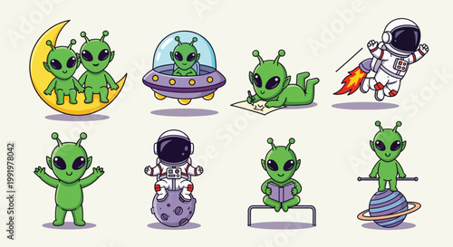Cute Alien and Astronaut Collection Vector Illustration.