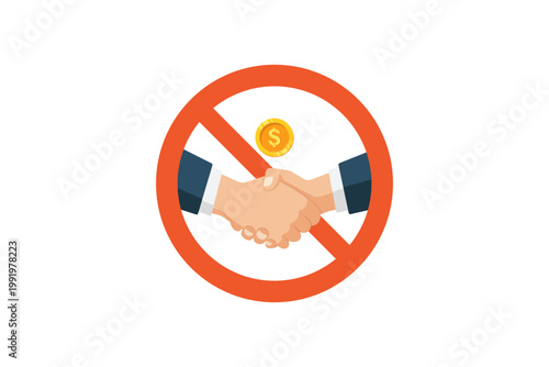 vector illustration of No Bribery Sign With Handshake And Coin Inside Red Prohibition Circle Representing Anti Corruption Business Ethics