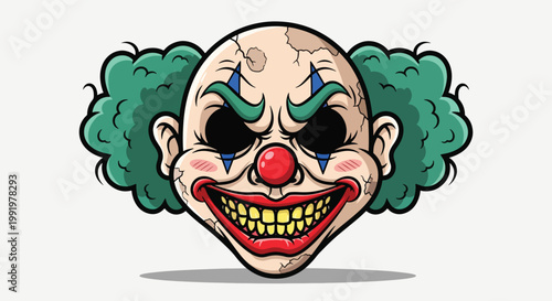 Scary Clown Face Illustration with Evil Grin and Green Hair.