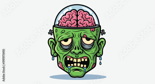 Scary Zombie Head with Exposed Brain and Drooling Mouth.