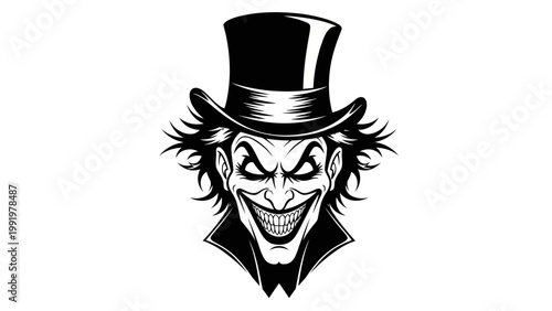Creepy Joker Face with Top Hat, Evil Grin, Spiky Hair - Black and White Illustration