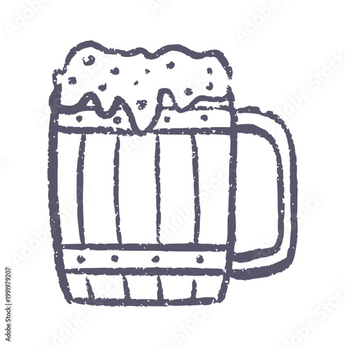 Beer mug crayon wax doodle style, rough textured hand drawn, alcohol drink, glass stein, wooden barrel cup, foamy beverage, pint lager, liquid refreshment, pub