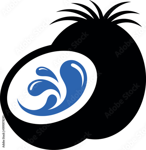 Minimalist coconut fruit icon with water splash for tropical beverage branding and organic juice product identity
