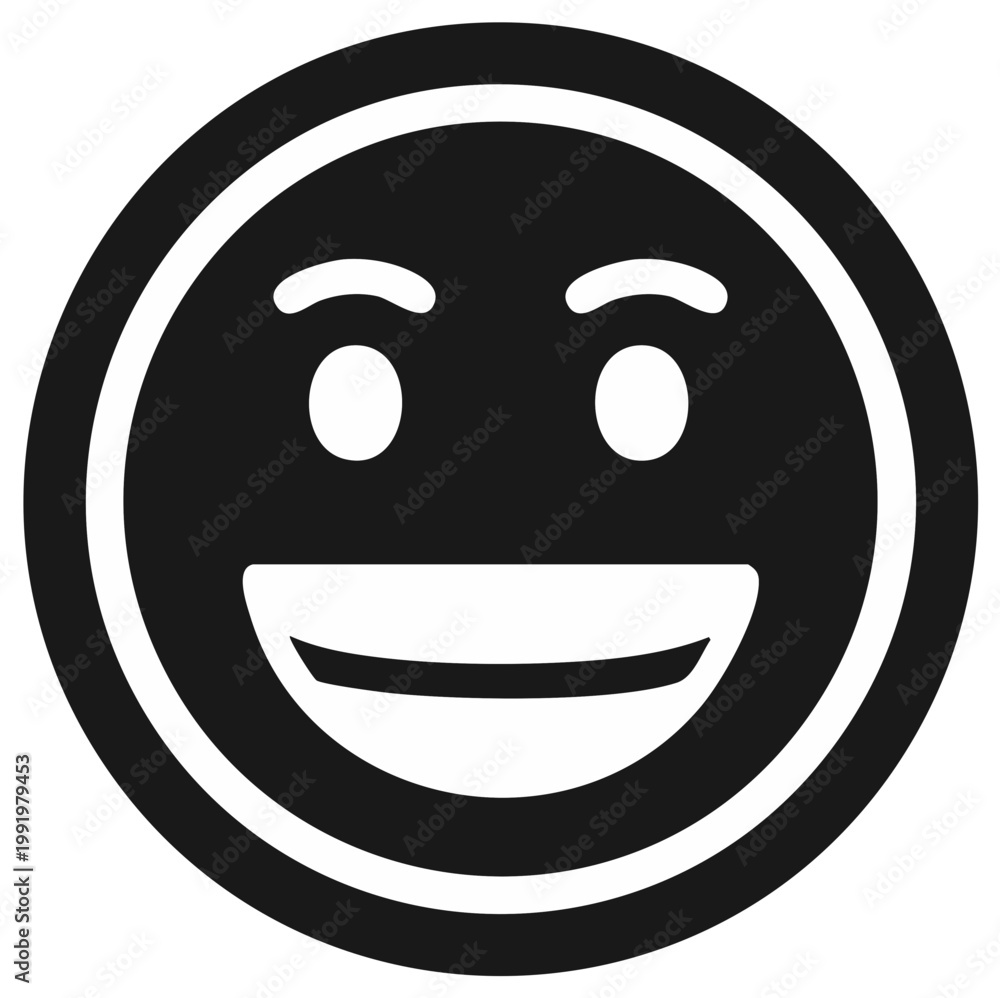 Obraz premium Black and white happy smiling face icon a simple cheerful round emoji symbol graphic