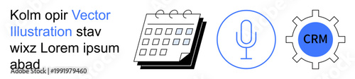 Project management, business tools, customer engagement, scheduling, planning, audio communication. Calendar, microphone and gear icons. Planning and communication concept for efficient business