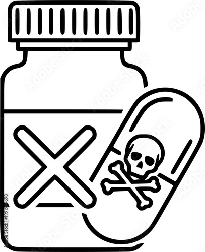 Medical emergency and drug abuse warning symbol for healthcare toxicity risk and pharmaceutical danger awareness featuring a simple black line art overdose pictogram – Black Vector Illustration