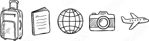 Essential travel equipment and global transportation icons for international tourism planning and vacation booking services