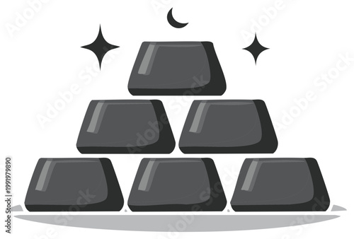 Monochrome illustration of a pyramid stack of shiny metal ingots with sparkles