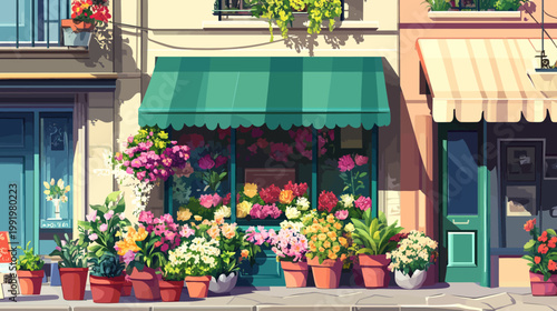 A charming pixel art depiction of a flower shop with vibrant blooms displayed in pots and window