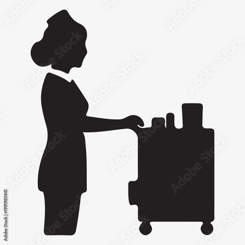 A black vector illustration of a business woman holding a suitcase as a single person silhouette among a family of people
