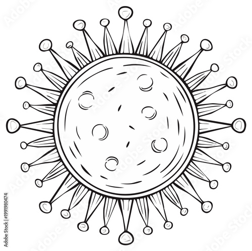 Hand drawn corona virus illustration with spike protein elements and internal circular patterns