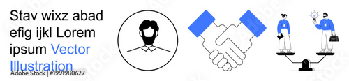 Business communication, teamwork, negotiation, professionalism, equity, collaboration. A handshake, a person and a balanced scale with professionals. Highlights collaboration and equity concepts