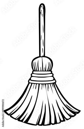 Hand drawn illustration of a cleaning broom with bristles and a wooden handle