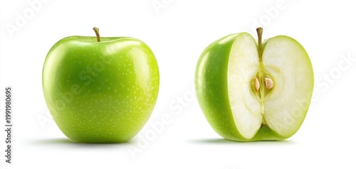 The Green Apple Shown Whole and Sliced on Clean White Background with Shadow