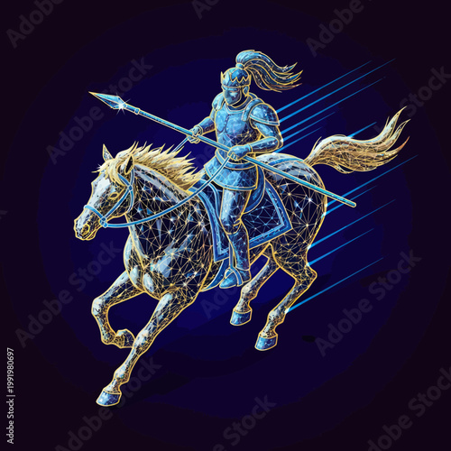 Knight Riding Horse with Spear in Action.