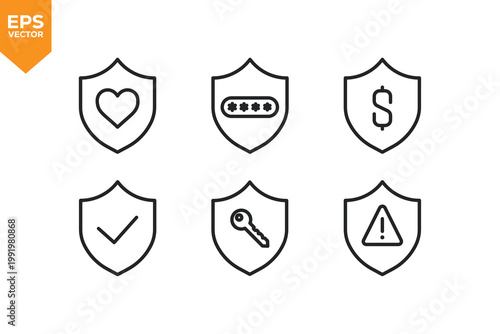 Set of line icons related to Shield, Protection, Security. Vector illustration.