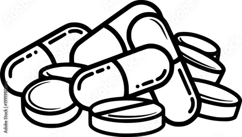 Medical healthcare and pharmaceutical drug symbol for medicine pain relief and tablet medication treatment featuring a simple black line art painkiller pills pictogram – Black Vector Illustration