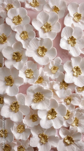 A dense bed of white porcelain flowers viewed from directly above. Gold foil accents. Soft pink velvet background. Luxurious 3D sculptural relief