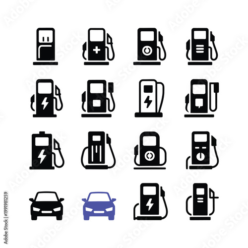 Electric car charging station icons in black and blue vector illustration