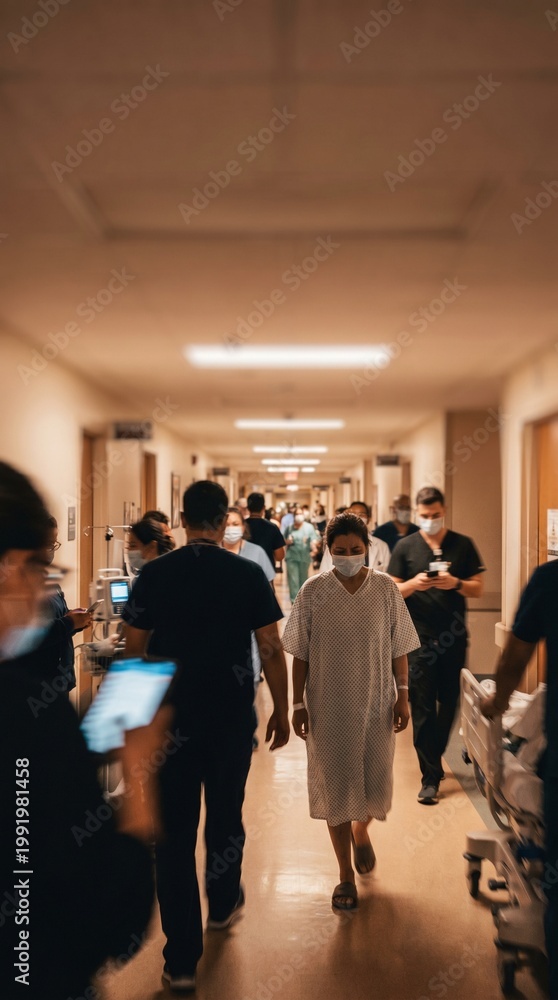 Fototapeta premium Patient Moving Through Busy Hospital Corridor