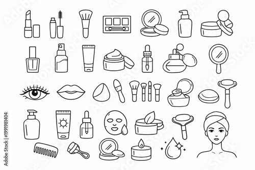 Cosmetics and Beauty Outline Icon Set. Collection of Makeup and Skincare Icons featuring Lipstick, Brushes, Cream, Lotion, Spa Tools, and Face Care. Simple Flat Vector Illustration.