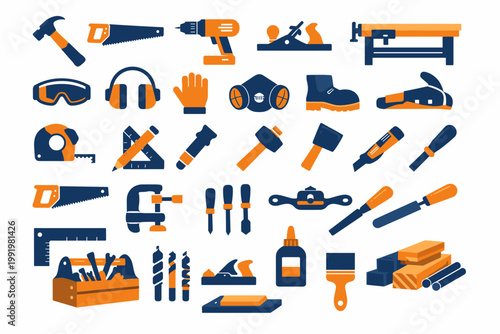 Flat Vector Icon Set of 30 Woodworking and Carpentry Tools in Duotone Style Featuring Hammer, Hand Saw, Power Drill, Workbench, Safety Gear, Measuring Tape, Chisel, Toolbox, and Wood Materials.