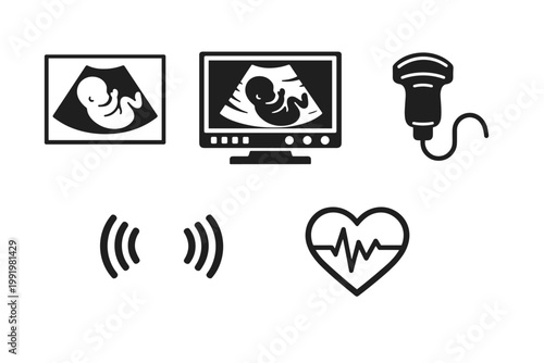 Set of black line art icons for medical ultrasound technology, featuring a fetus on a monitor, sonography transducer, heartbeat pulse in a heart, and sound waves for prenatal diagnostics.