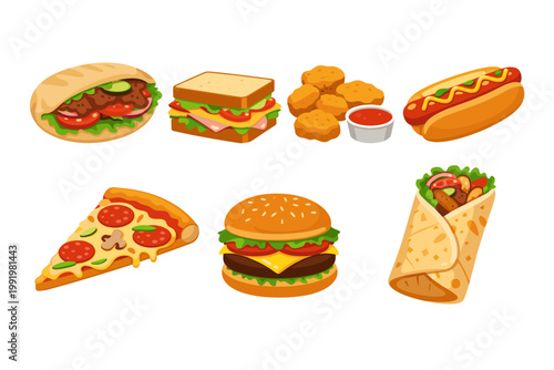 Vector Illustration Set of Delicious Fast Food Icons Including Pita Sandwich, Club Sandwich, Crispy Chicken Nuggets with Sauce, Hot Dog, Pepperoni Pizza Slice, Cheeseburger, and Burrito Wrap Isolated