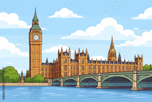 Detailed Flat Vector Illustration of Big Ben, the Palace of Westminster, and Westminster Bridge over the River Thames in London, England, Under a Bright Blue Sky with Fluffy White Clouds